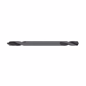 Gray twist drill bit laid horizontally, metal tool with helical flutes for drilling