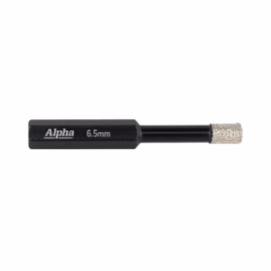 Diamond grinding burr with a black handle labeled 'Alpha 6.5mm' and a textured grinding tip (drill/shank accessory).
