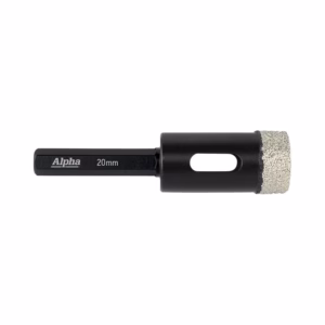 Black 20mm grinding/accessory tool with a cylindrical abrasive head on the right and a rectangular Shaft labeled 'Alpha 20mm' on the left