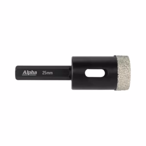 Alpha 25 mm diamond-coated hole cutter head with black metal shank for drilling holes in hard materials like tile or stone