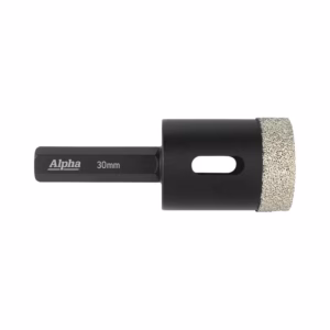 30mm diamond-coated hole saw attachment with a black shank, used for drilling clean holes in hard materials