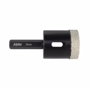 Alpha 35mm tool bit with a diamond-coated grinding wheel on the right side, black cylindrical holder and cutout slot