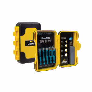 9DCDM-SET - Alpha Tools Open yellow-and-black tool case showing organized drill bits in the left compartment and a black panel with DiamondMAX branding on the right, ready for use.
