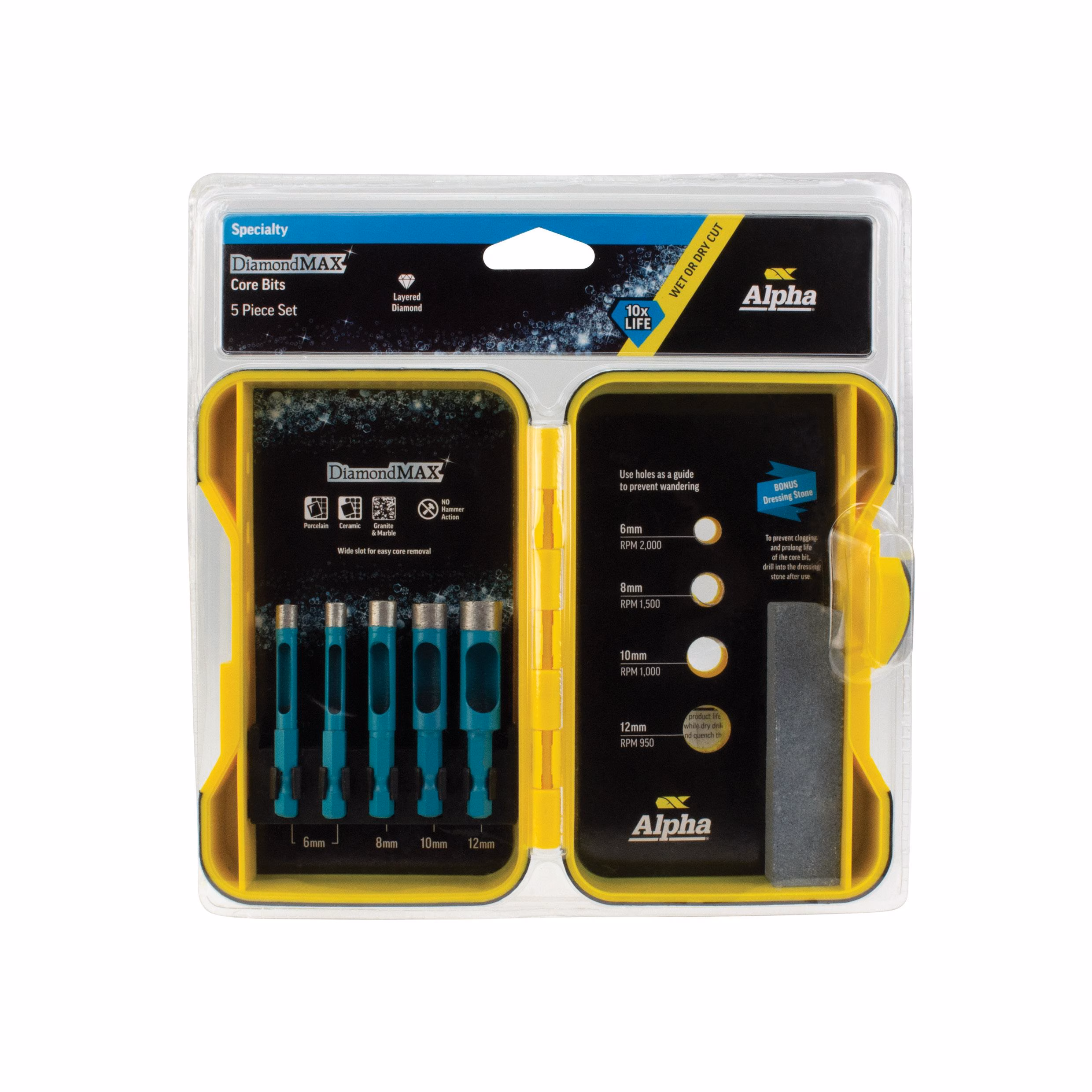 9DCDM-SET_2 - Alpha Tools Close-up of a DiamondMAX Core Bits 5-piece set in a clear plastic case with a blue label and yellow protective frame, showing small drill bits and sizing markings (6–12 mm).