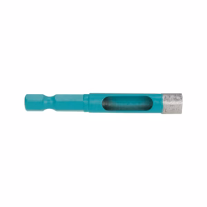 Close-up of a turquoise plastic tool handle with a rectangular cut-out and a gray metallic end.