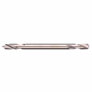 Long gold-colored twist drill bit laid horizontally against a white background, ready for metal drilling.