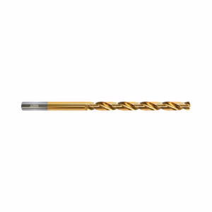 9ELI1132 - Alpha Tools Gold-coated twist drill bit with helical flutes on a white background, used for drilling metal surfaces.