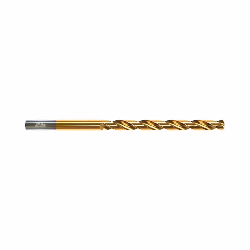 9ELI1132 - Alpha Tools Gold-coated twist drill bit with helical flutes on a white background, used for drilling metal surfaces.
