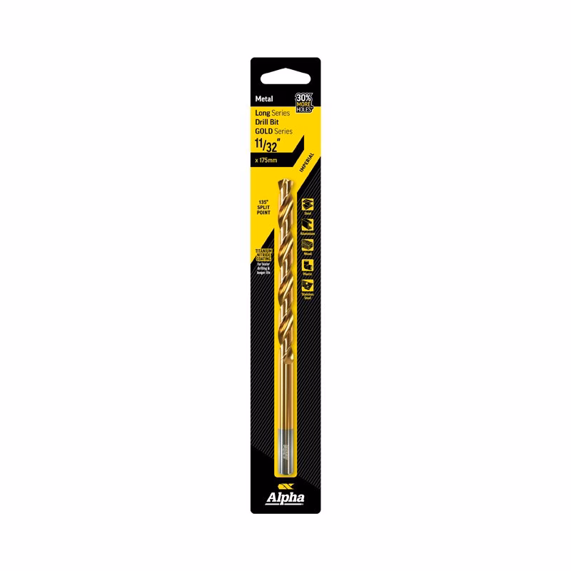 9ELI1132_2 - Alpha Tools Gold-coated drill bit in yellow-and-black packaging (Alpha), labeled 11/32" and 175 mm for metal, long-series drill bit in blister pack