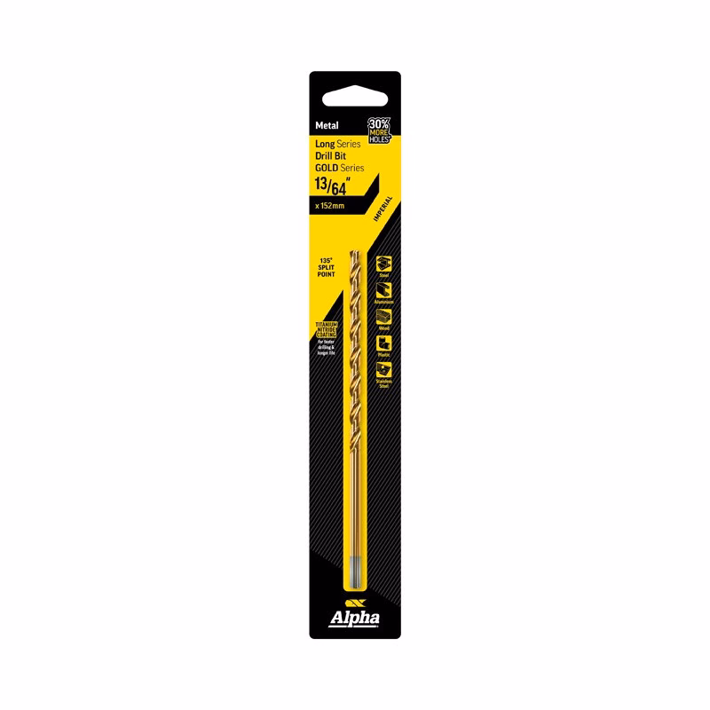 9ELI1364_2 - Alpha Tools Alpha long-series metal drill bit in yellow-and-black packaging, 13/64" (152 mm), titanium-coated, designed for drilling metal.