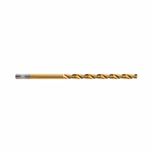 Gold-coated twist drill bit laid horizontally on a white background, showing the long, spiraled cutting flutes and silver shank on the left