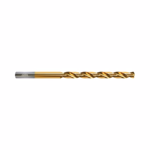 Gold-coated twist drill bit with a silver shank shown horizontally, used for drilling holes.