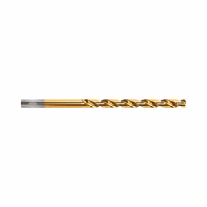 Gold-coated twist drill bit with a silver shank, used for drilling holes in metal or wood