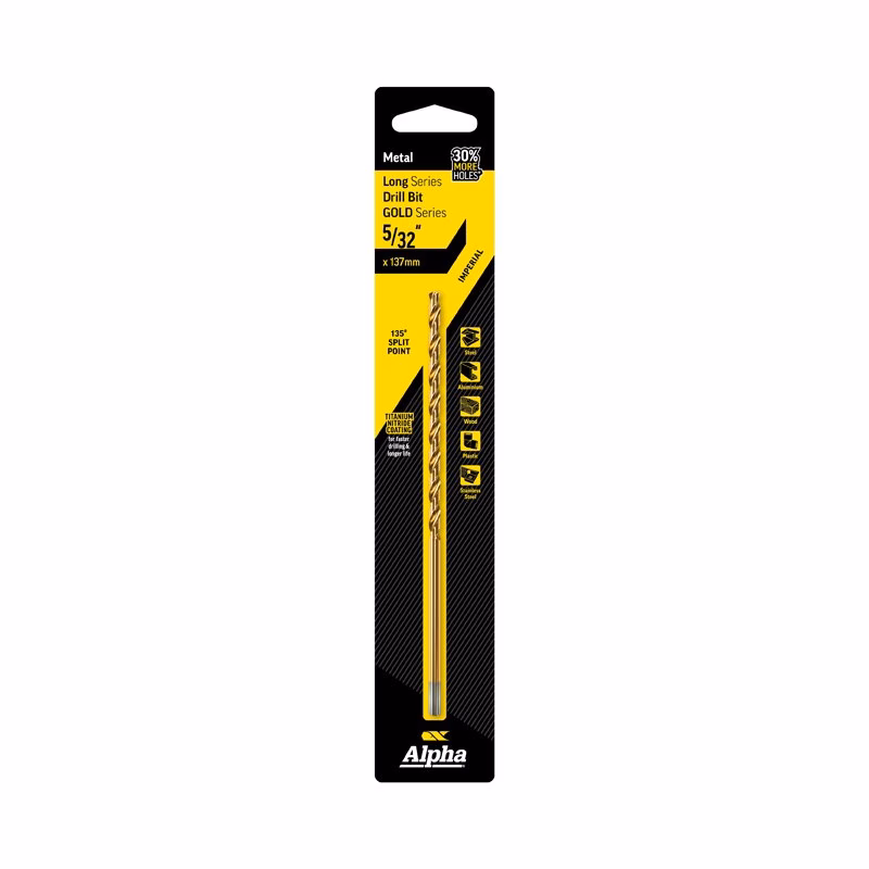 9ELI532_2 - Alpha Tools Packaged Alpha Metal Long Series Drill Bit, GOLD Series, 5/32" (137 mm), titanium nitride coated with 135° split point