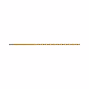 Gold twist drill bit laid horizontally on a white background, showing a gold-coated fluted shaft and silver shank tip