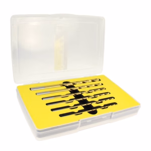 Open plastic case containing a yellow foam insert with multiple small metal drill bits arranged in a row.