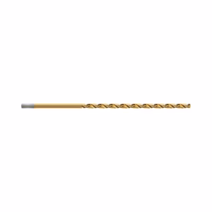 Gold-coated twist drill bit lying horizontally on a white background, used for metal drilling