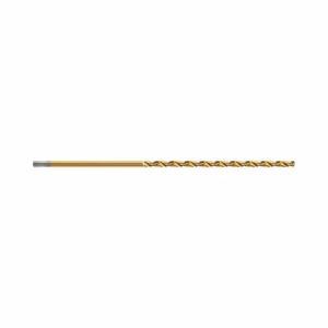 Gold-colored twist drill bit laid horizontally on a white background, showcasing its spiraled flutes and pointed tip (tool image).