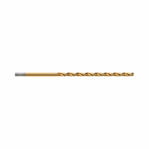 Gold twist drill bit with a silver shank, laid on a white background.