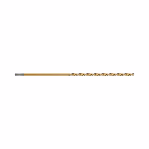 Gold-coated twist drill bit laid horizontally on a white background