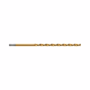 Gold-coated twist drill bit lying horizontally on a white background