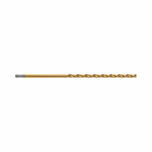 Gold-coated twist drill bit with a silver shank shown horizontally across a white background