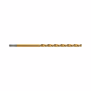 Gold-coated twist drill bit lying horizontally on a white background.
