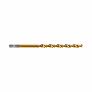 Gold TiN-coated twist drill bit with a silver shank, laid horizontally on a white background
