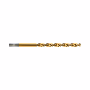 Gold-colored twist drill bit for metalworking, lying horizontally on a white background with spiral flutes visible.