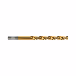 Gold-coated twist drill bit for metalworking with helical flutes on a white background