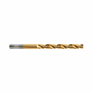 Gold-coated twist drill bit with a silver shank, used for metal drilling