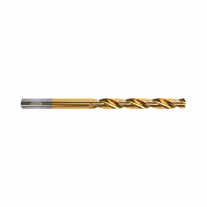 Gold-coated twist drill bit for metal drilling (titanium nitride coating) with silver shank on the left side.