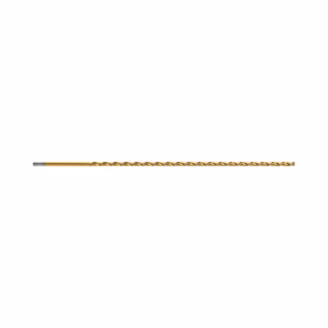 Gold-coated twist drill bit laid horizontally on a white background, showing the sharp cutting end on the left and the threaded shaft extending to the right