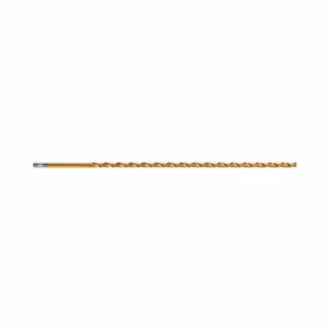 Gold-coated twist drill bit lying horizontally on a white background, showing its spiral flutes.
