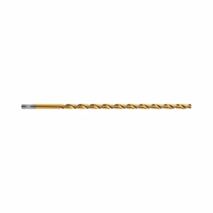 Gold-coated twist drill bit laid horizontally on a white background, ready for metal drilling.