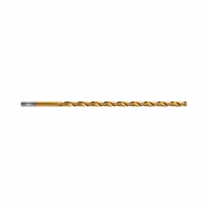 Gold-coated twist drill bit laid horizontally on a white background