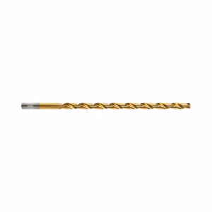 Gold-coated twist drill bit for metalworking, long cutting tool with spiral flutes and silver shank on left side.