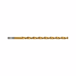 Gold-colored titanium nitride-coated twist drill bit shown horizontally for metal drilling