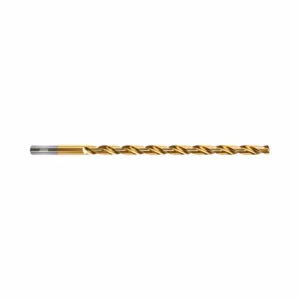 Gold-coated twist drill bit with silver shank lying horizontally on a white background