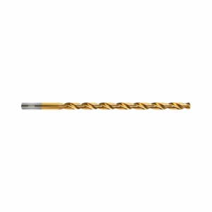 Gold-coated twist drill bit laid horizontally on a white background, showing the cutting flutes for metal drilling.