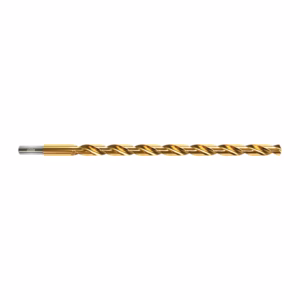 Gold titanium-coated twist drill bit shown horizontally, used for metal drilling