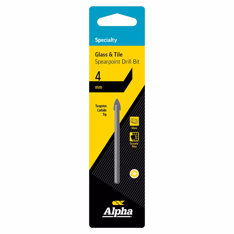9GT040_2 - Alpha Tools Alpha Glass & Tile spearpoint drill bit packaging, 4 mm tungsten carbide tip for drilling glass and ceramic tiles.