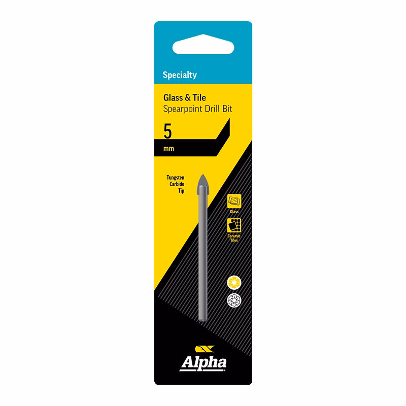 9GT050_2 - Alpha Tools Alpha 5 mm spearpoint drill bit for glass and tile, tungsten carbide tip, on yellow/black packaging with brand logo at bottom