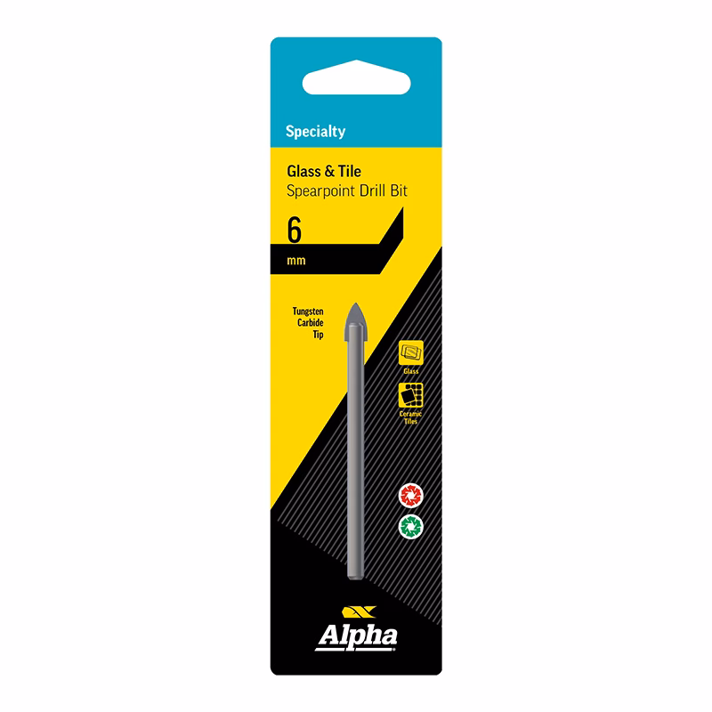 9GT060_2 - Alpha Tools Package for Alpha Glass & Tile spearpoint drill bit, 6 mm tungsten carbide tip, designed for drilling glass and tile.