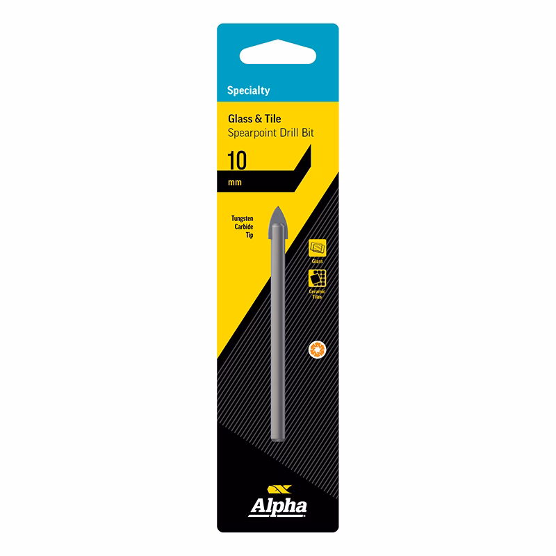 9GT100_2 - Alpha Tools Packaging for Alpha Glass & Tile spearpoint drill bit, 10 mm tungsten carbide tip; drill bit visible on yellow/black packaging.