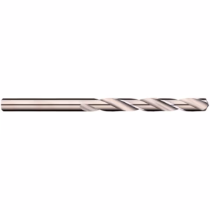 Long metal twist drill bit with helical flutes, lying horizontally on a white background.
