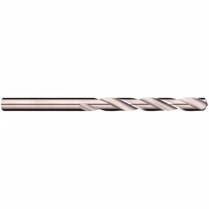 Long twist drill bit with spiraled flutes and a metallic finish used for drilling metal or wood