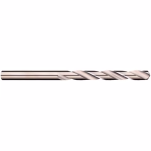 Shiny steel twist drill bit with spiraled flutes used for drilling holes.