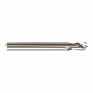 Long chrome twist drill bit with helical flutes laid horizontally on a white background.