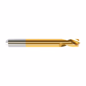 Gold-coated twist drill bit lying on a white background.